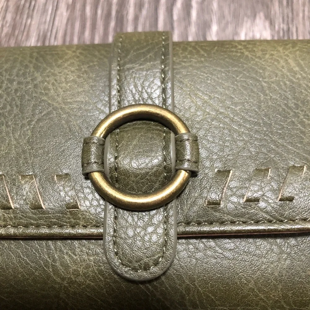 b.o.c. Born Concept OliveGreen Vegan Leather Whipstitch Trifold Organizer Wallet